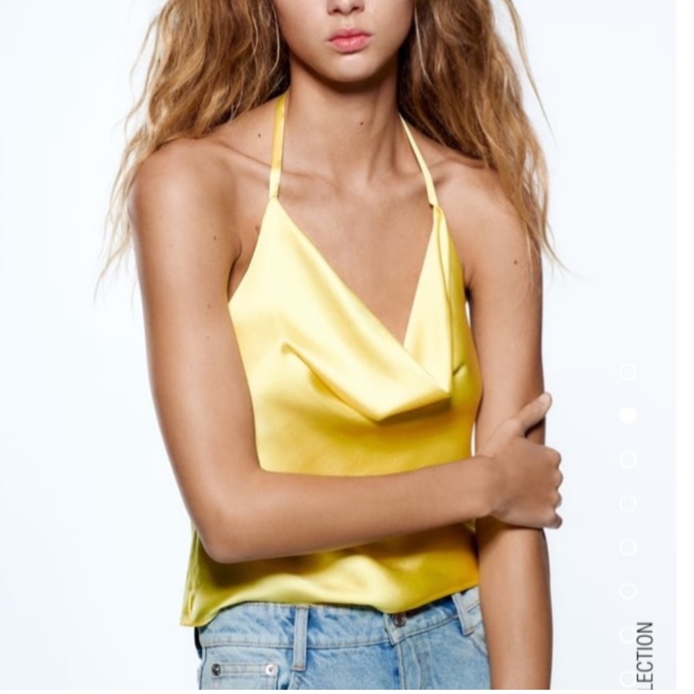 Zara Yellow Satin Cowl Neck Halter Top